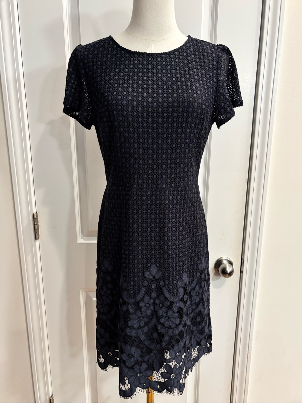 LOFT Women's Navy Floral Lace Sheath Dress 2 Round Neck Short Sleeve Lined